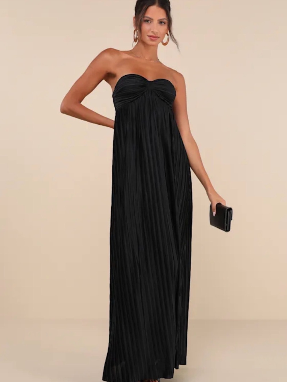 Lulu's Strapless Black Pleated Maxi Gown